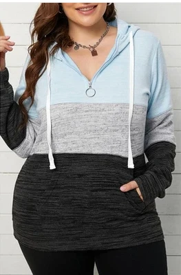 Sweat à Capuche Zippé à Manches Longues et Bloc de Couleurs de Grande Taille